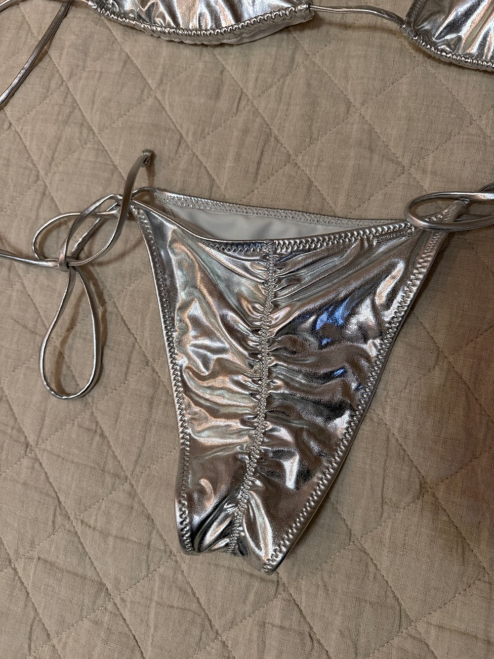 White Fox Metallic Silver Triangle String Bikini – Women's Swim - Picture 3 of 3
